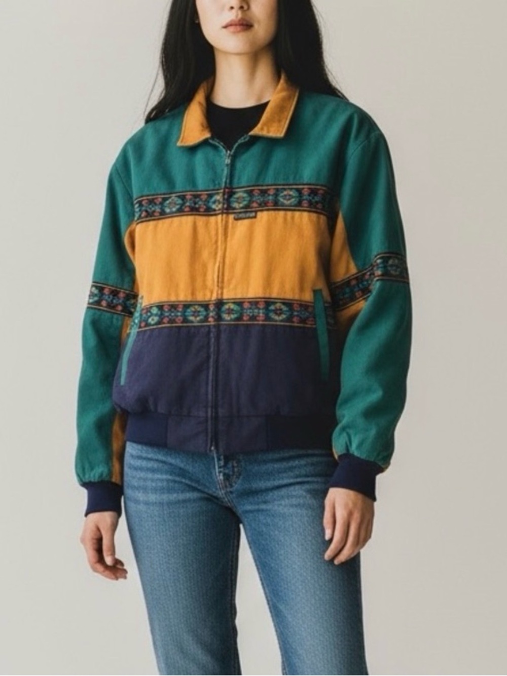 VINTAGE Cripple Creek by Circles Aztec trim canvas bomber jacket retro 90’s